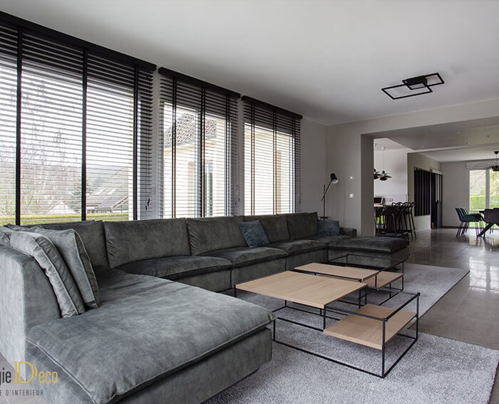 meuble TV, grand canapé, revêtement mural, poêlé séjour, table basse deux niveaux